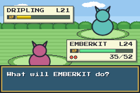 A battle in the style of Ruby and Sapphire: your creature from behind, a wild one ahead, a health box for each, and "What will EMBERKIT do?" in the message box.