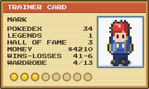 A trainer card: name, dex, legends, Hall of Fame, money, wins and losses, and wardrobe on the left, the trainer in a cap, hoodie and backpack on the right, and a row of eight badges along the bottom, three gold.
