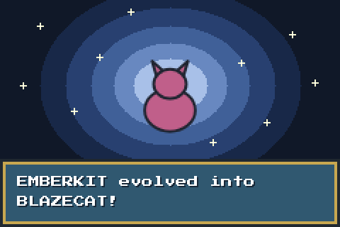 A creature's new form, as a silhouette, in rings of blue light with sparkles around it, and the line EMBERKIT evolved into BLAZECAT! in the message box.