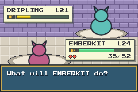 A battle in a shrine of purple stone, both creatures on pale stone bases.