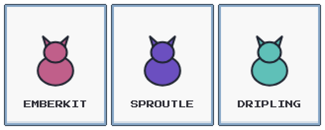 Three starter creatures on cards, each named underneath.
