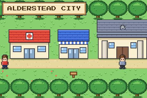 A top-down town with a Center, a shop and a gym, its leader waiting outside.