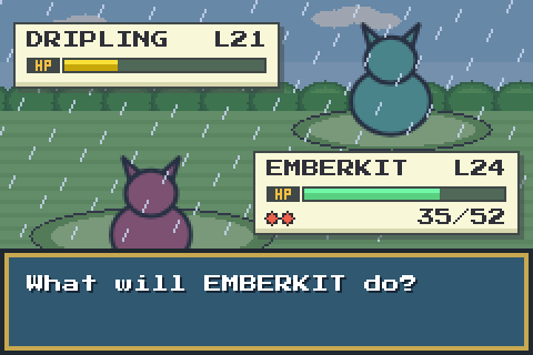A battle in the rain: a grey-blue wash over the field and slanted streaks falling past both creatures, with the health boxes clear on top.